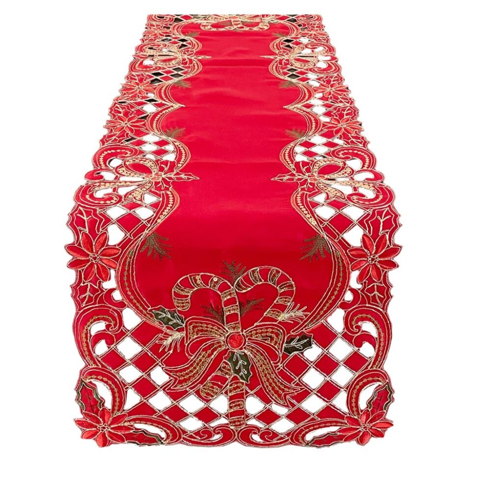Gold Sequin Holly Bow Red Table Runner 16" x 88"